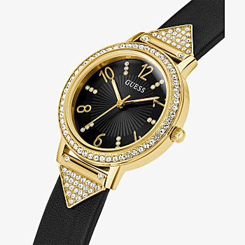 Guess Tri Luxe Gold Tone Case Black Genuine Leather Strap Watch ...