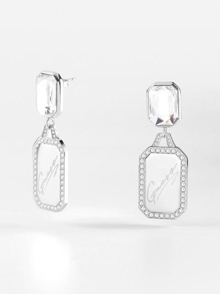 Guess 28mm Pendant Tag & Crystal Silver Plated Stud Earrings