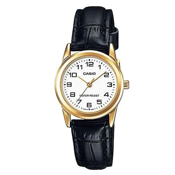 Casio Ladies Analogue WR White Face Gold Case Black Leather Watch - LTP-V001GL-7BUDF