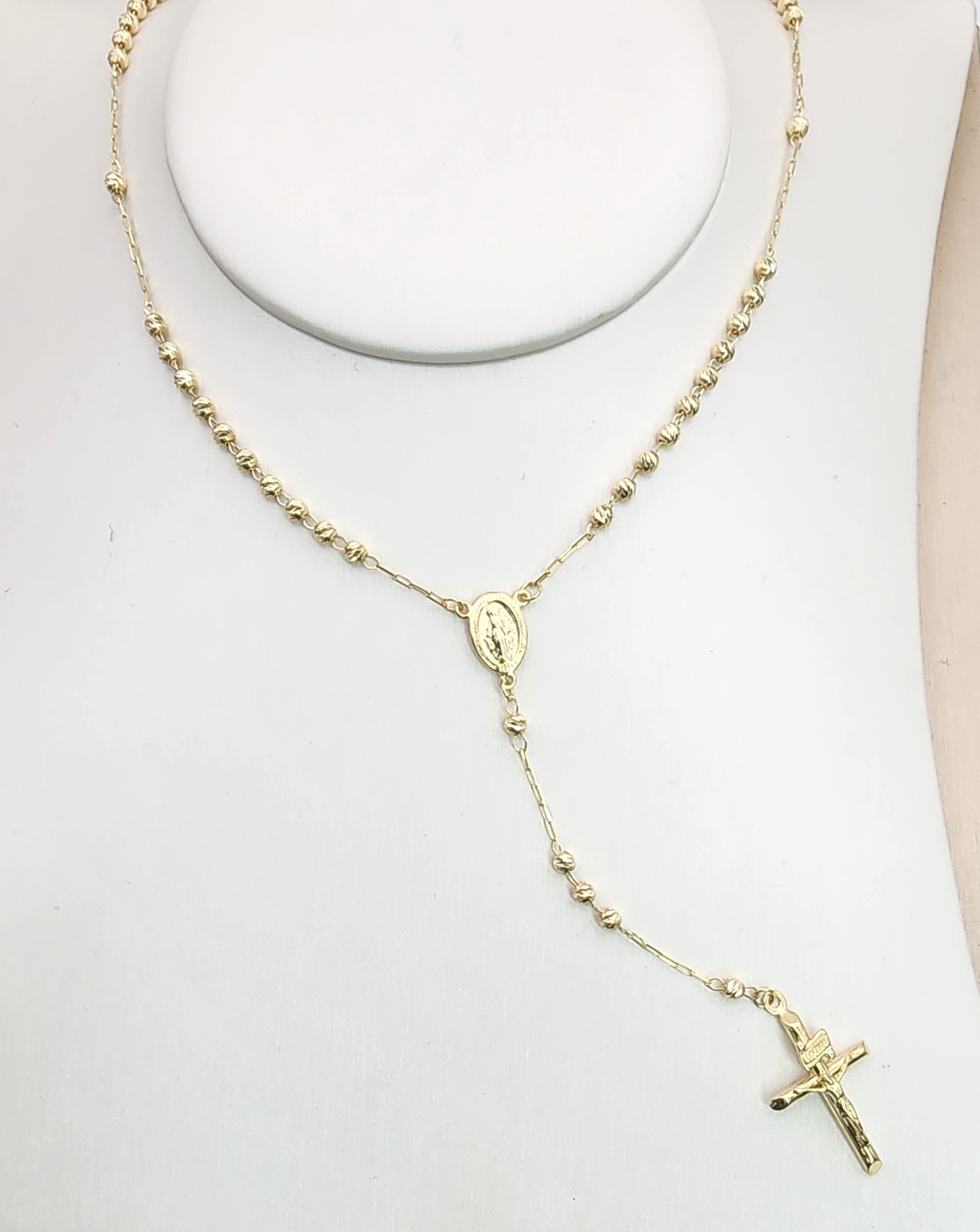 9ct Gold rosary diamond cut moon beads necklace