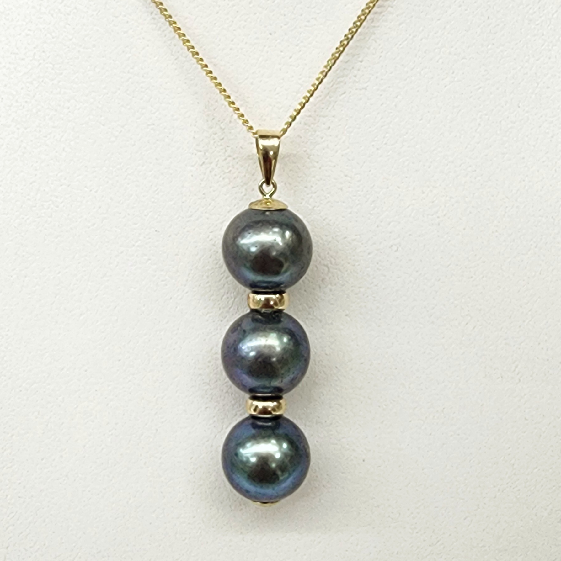 9ct Yellow Gold Triple 11.5mm Round Tahitian Black Pearl Pendant with Gold Spacers Gold Pearl Jewellery, Pearl Jewellery 