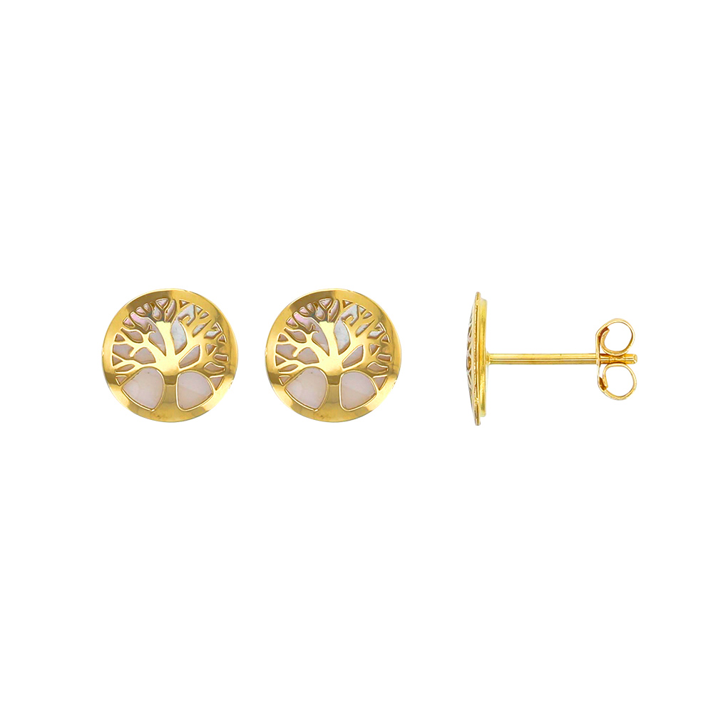 9ct Yellow Gold "Tree of Life" Stud Earrings with Mother of Pearl Gold Earrings 