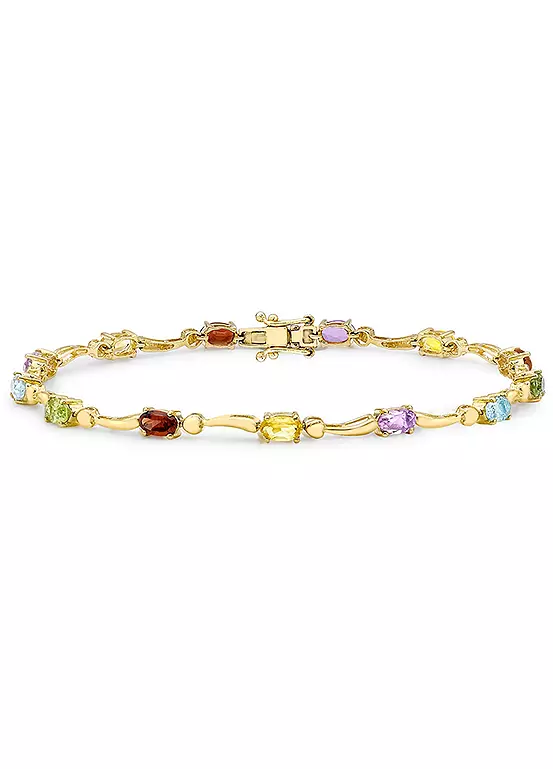 9ct Yellow Gold Multi-Coloured Gemstones 19cm Wave Bracelet Gold Chain 