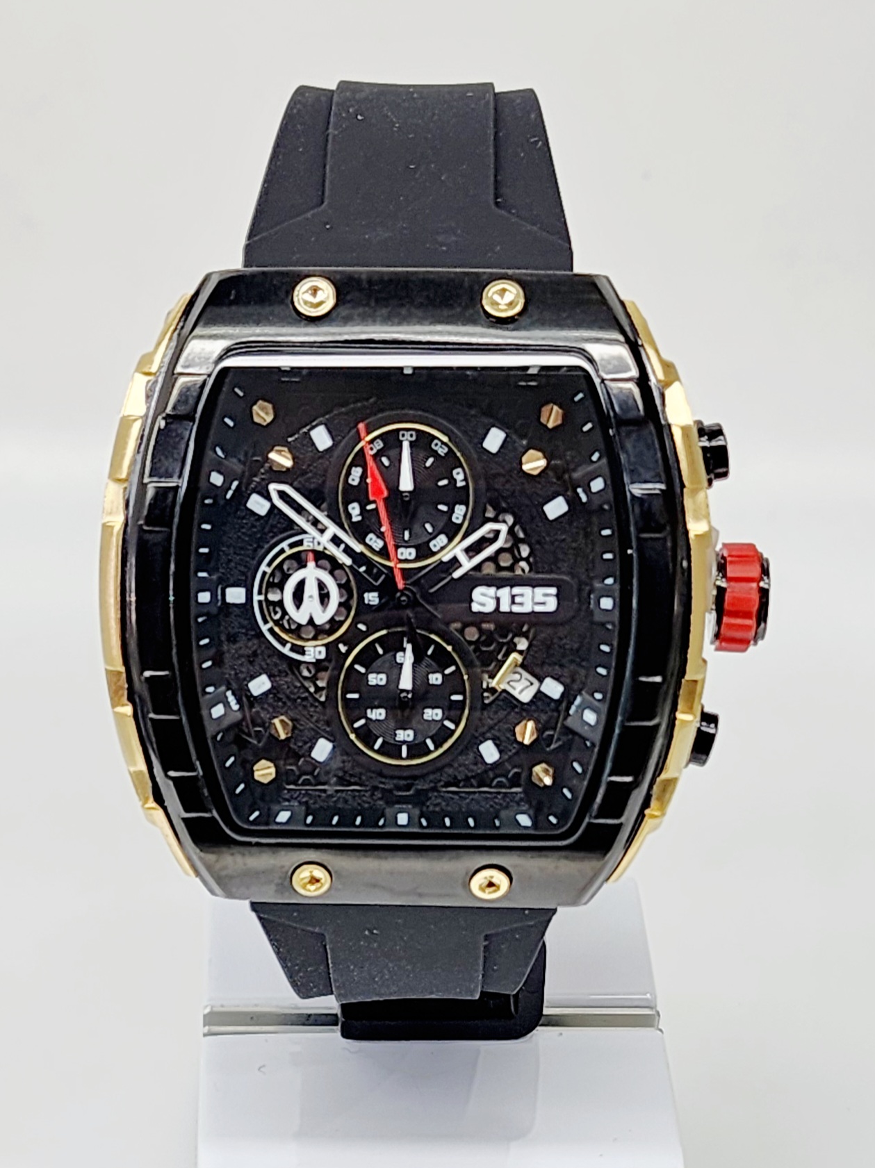 Stylish Mens Analog Rubber Strap, Multifunction Analog Black Rubber Strap, Gold/Black Case, Black Dial Quartz Watch