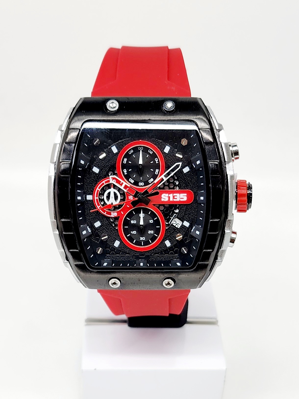 Stylish Mens Analog Rubber Strap, Multifunction Analog Red Rubber Strap, Gold/Black Case, Black Dial Quartz Watch