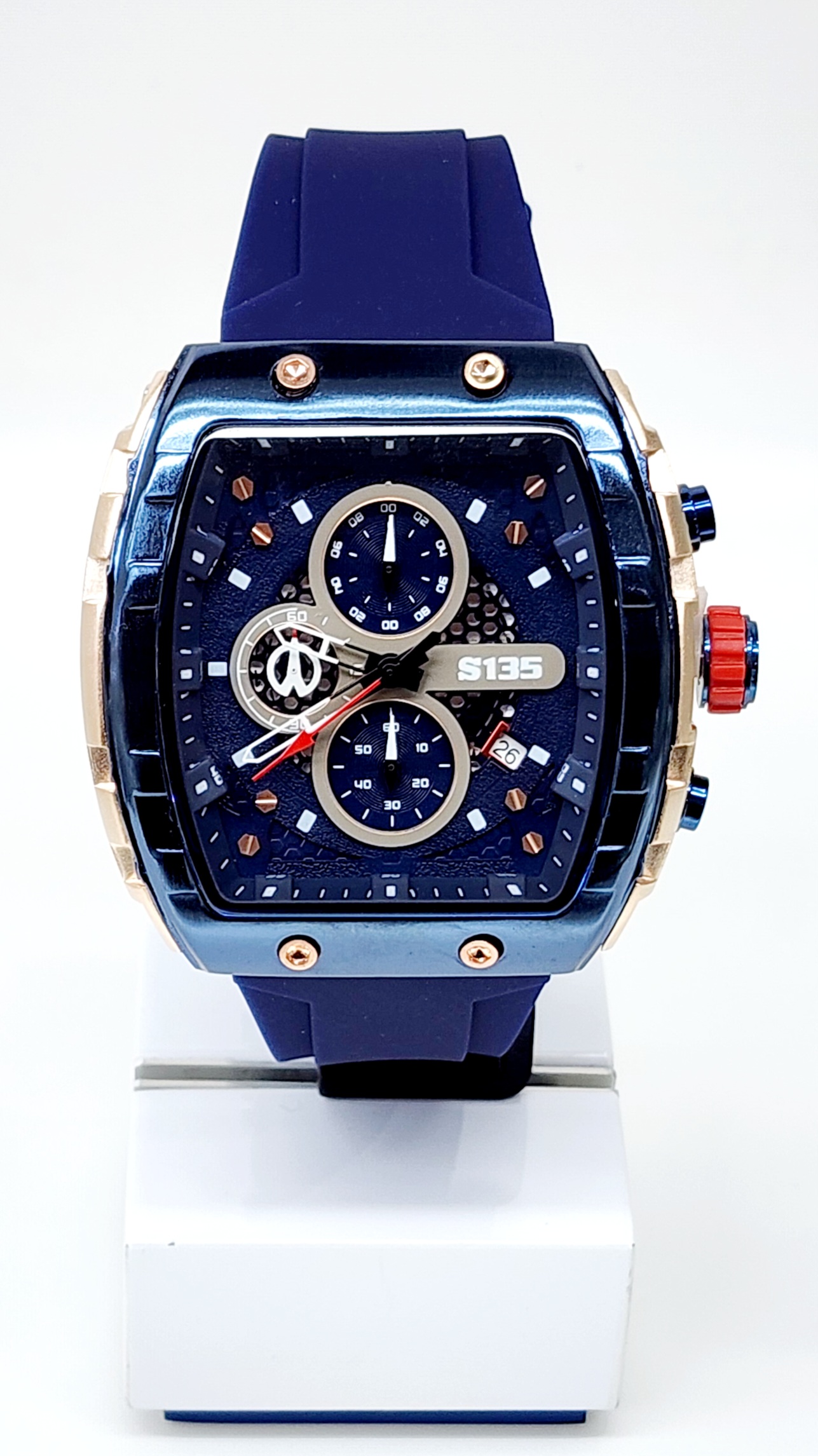 Stylish Mens Analog Rubber Strap, Multifunction Analog Blue Rubber Strap, Gold/Blue Case, Blue Dial Quartz Watch (Copy)