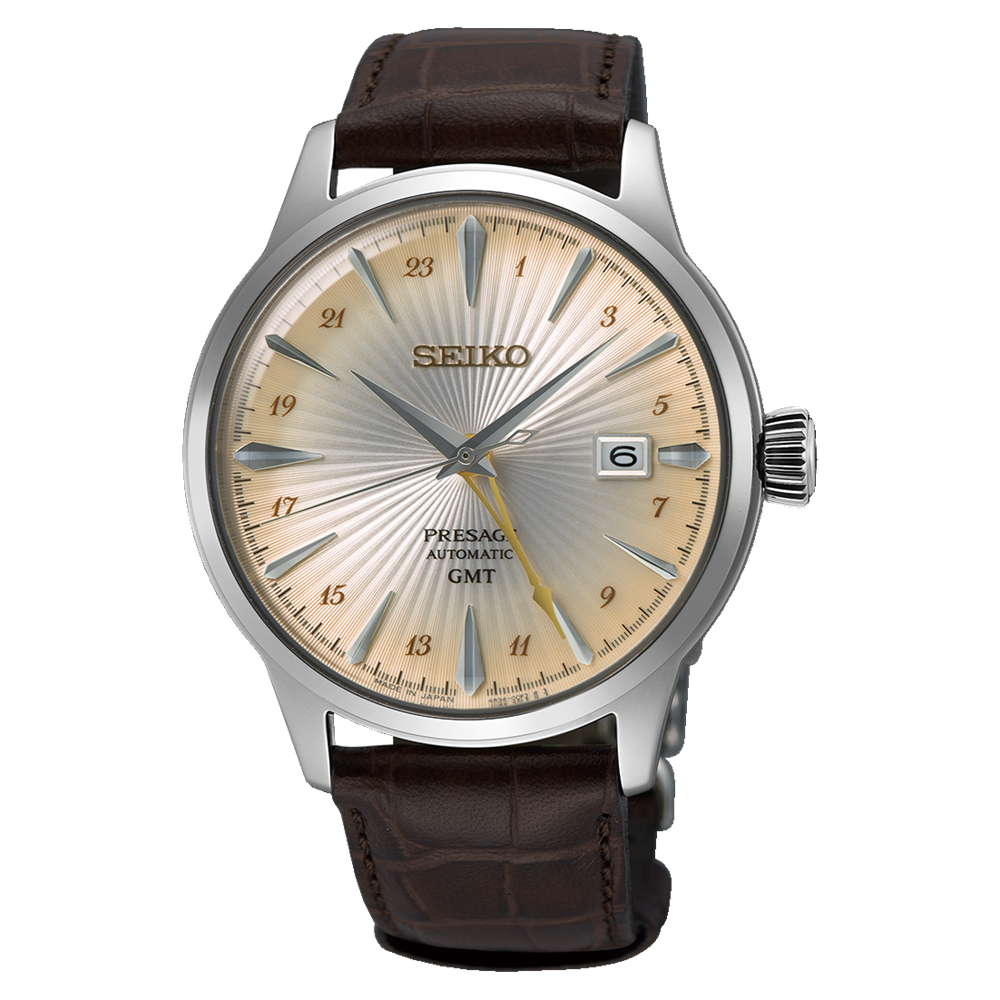 Seiko Presage Automatic GMT Brown Leather Strap Watch - SSK041J