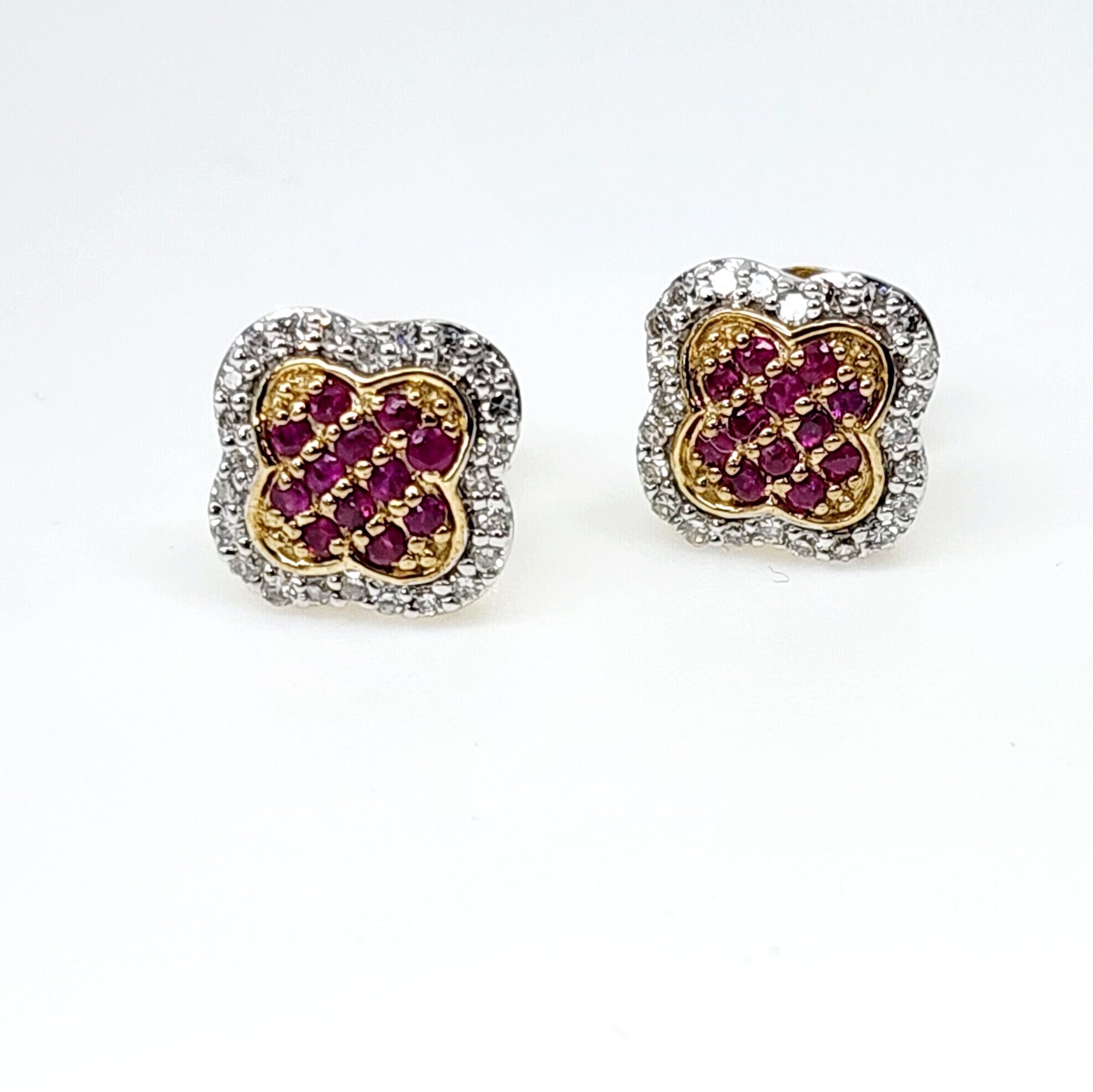 9ct Yellow Gold 8mm Square Cluster Ruby & Diamond Stud Earrings Gold Earrings 