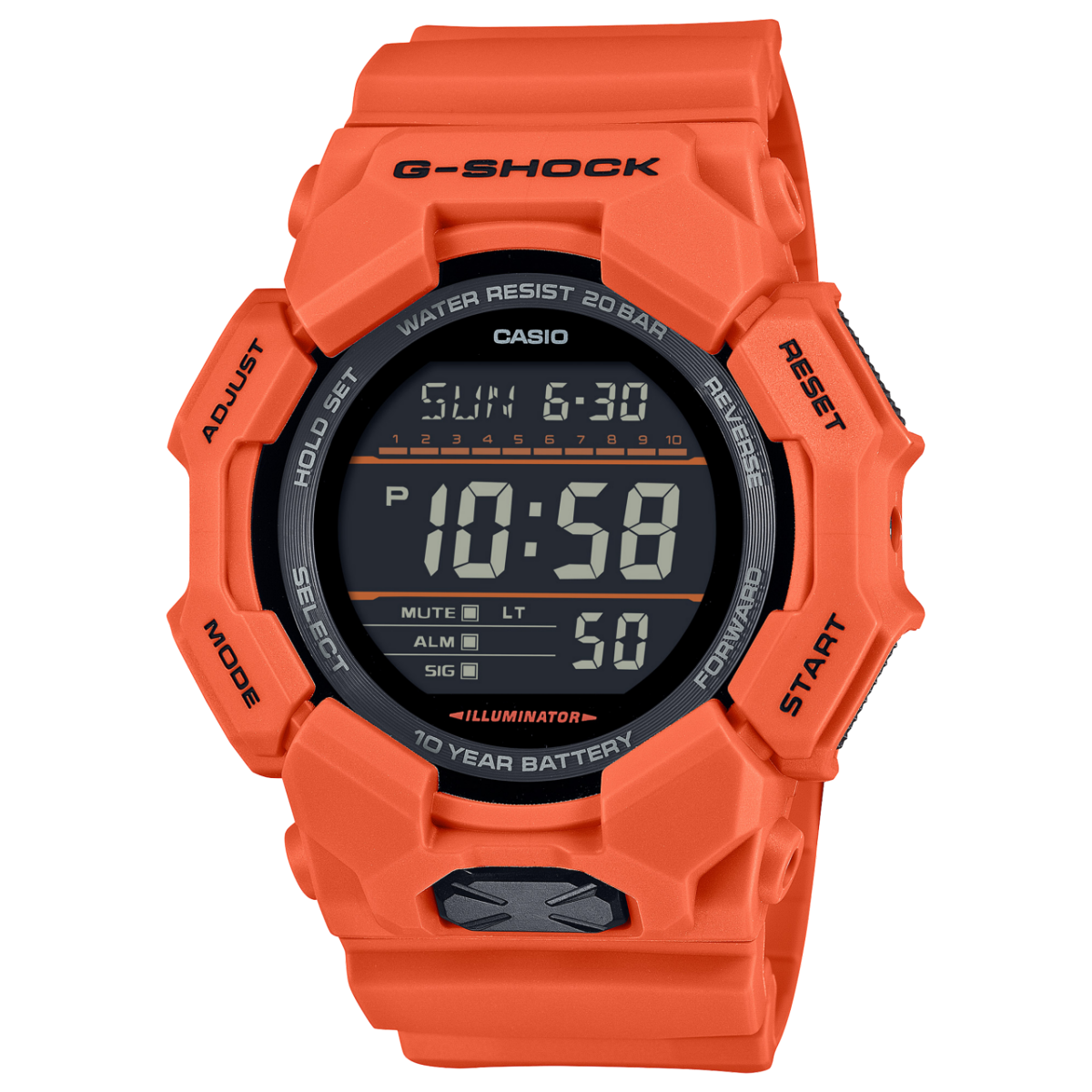 G-Shock Digital Rugged 200M WR 10YR Battery Orange Case and Resin Band Watch - GD010-4D