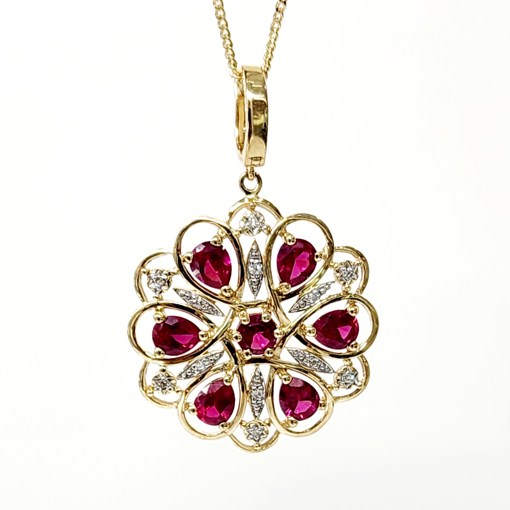 9ct Yellow Gold Created Ruby & Natural Diamond Flower Pendant Gold Pendants 