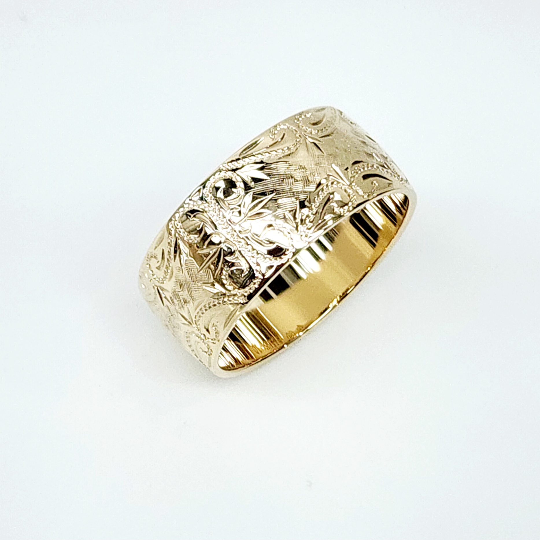 10mm Wide Hand Engraved Around Ring 9ct Yellow Gold Ring Gold Rings 