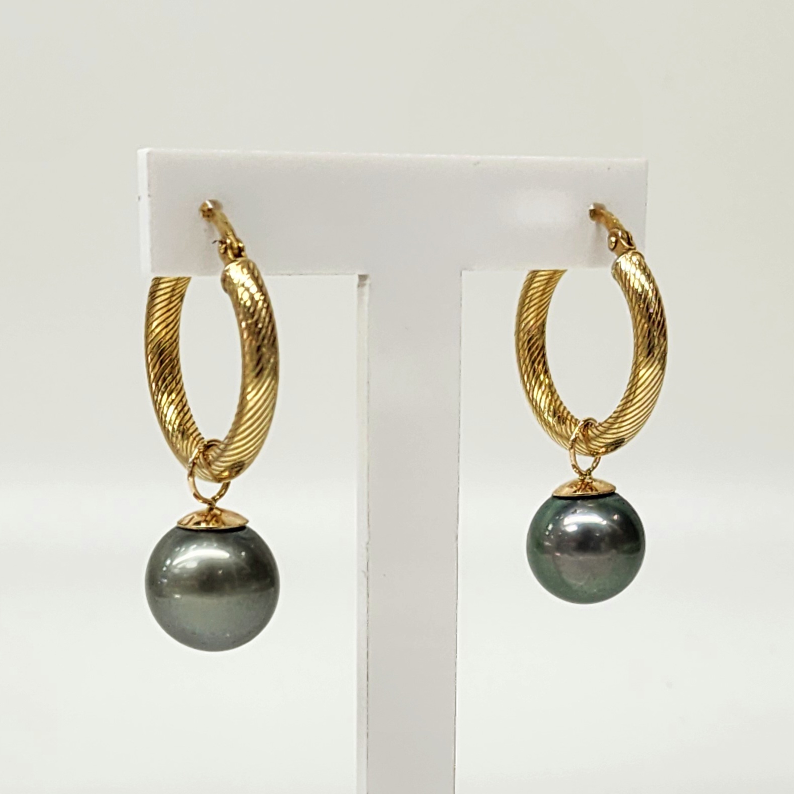 9ct Yellow Gold 11-11.5mm Round Tahitian Black Pearl Hoop Earrings Gold Pearl Jewellery, Pearl Jewellery 