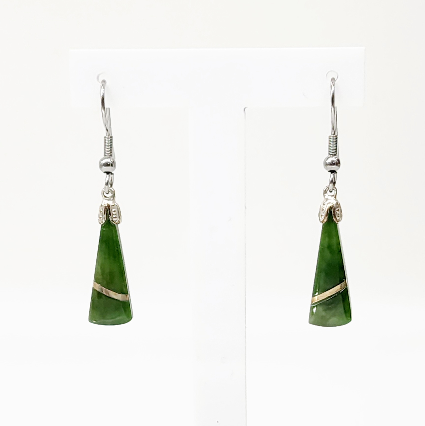 Wedged-Shaped NZ Greenstone Earrings with Silver Thread Greenstone?Jewellery 