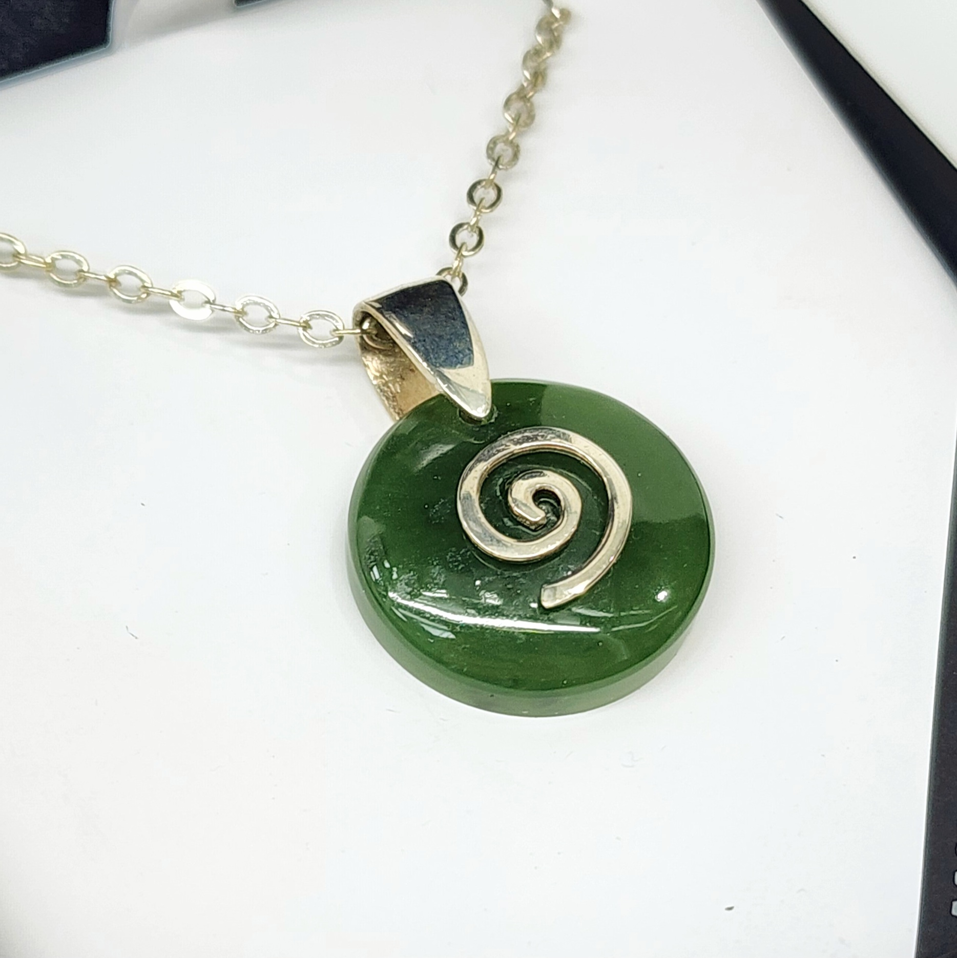 18mm Round NZ Greenstone Pendant with Sterling Silver Koru