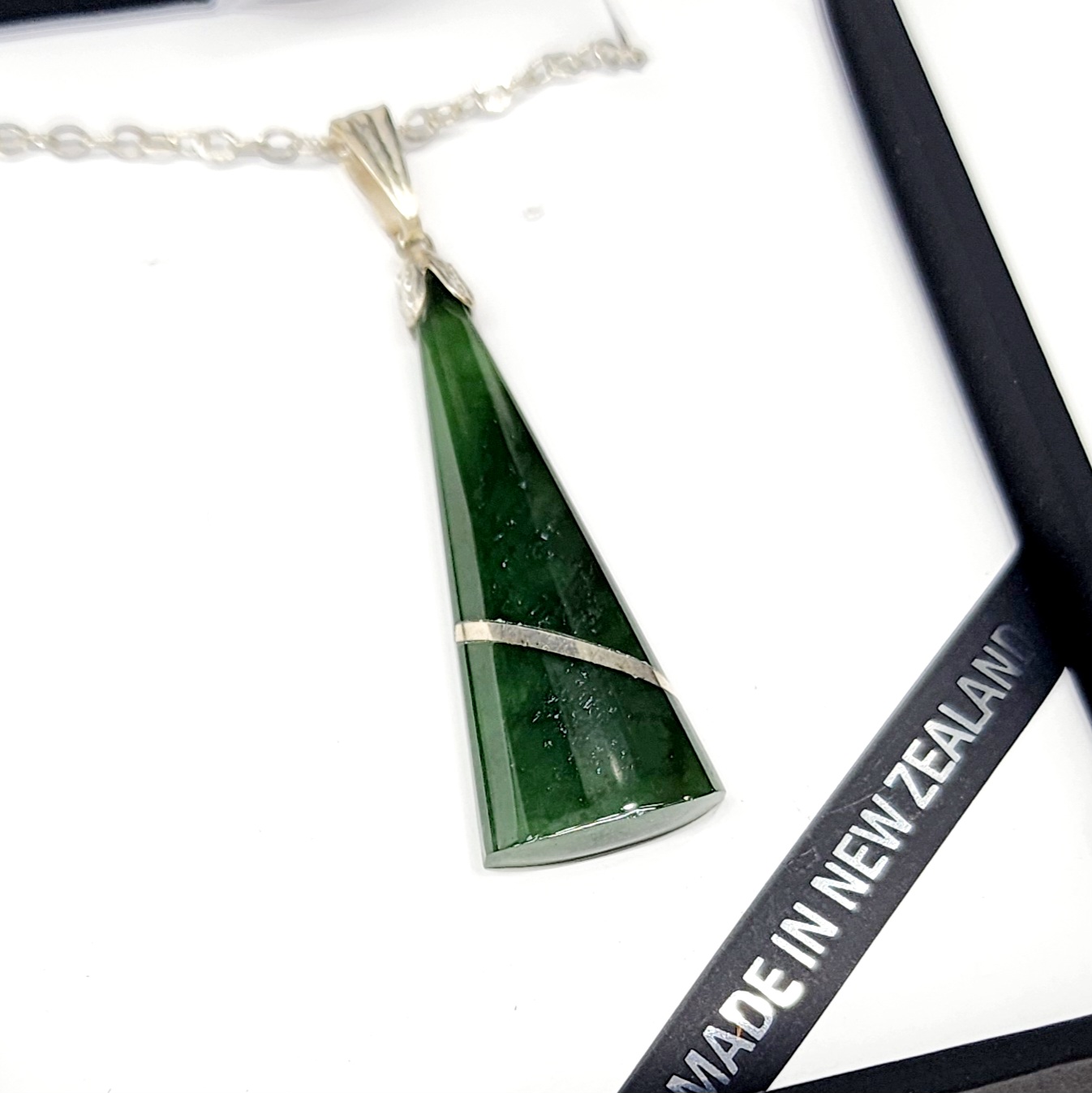 Wedge-Shaped NZ Greenstone Pendant with Silver Thread Set In Silver Sterling Silver Pendants 