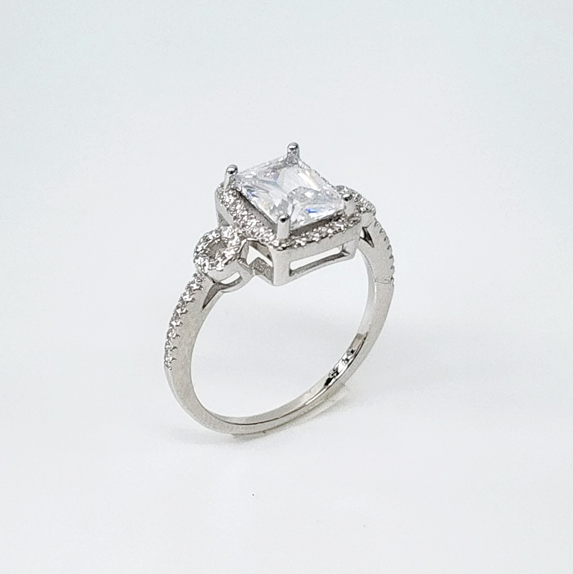 Emerald Cut CZ Engagement Ring with a Halo Setting in Sterling Silver Sterling Silver Rings 