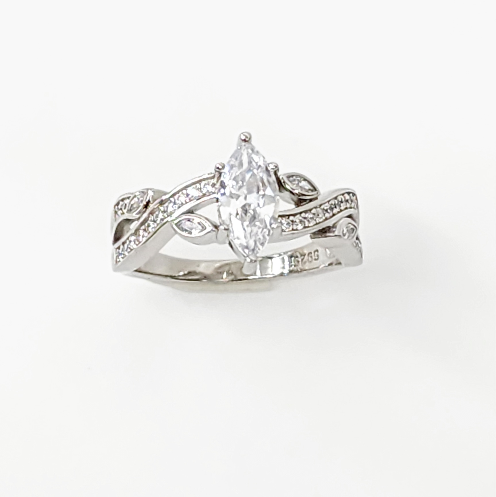 Marquise Cut CZ Engagement/Dress Ring with Crossover Pave Set Band in Sterling Silver Sterling Silver Rings 