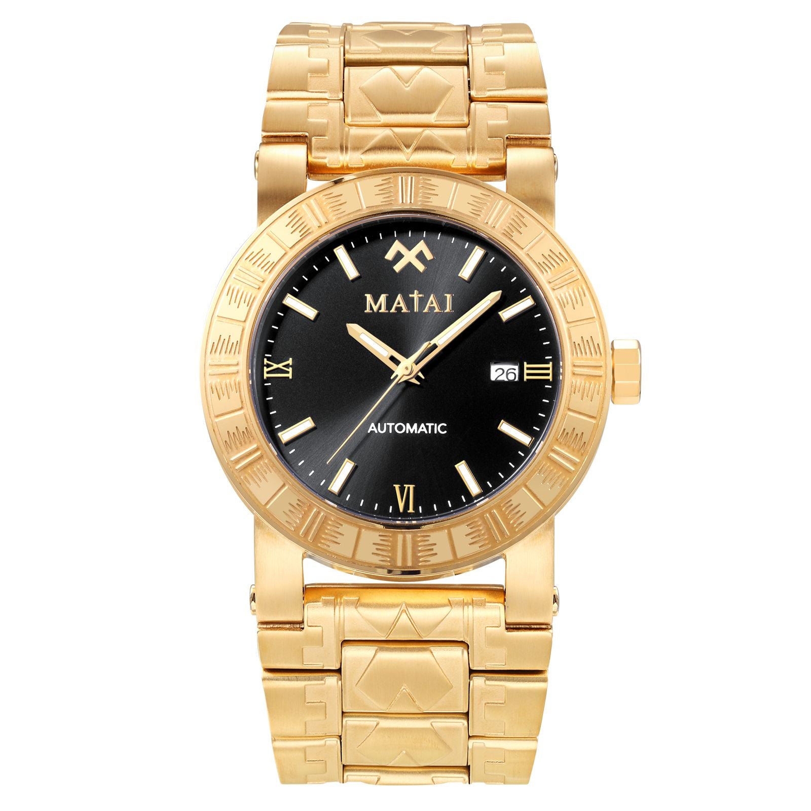 MATAI Malaga Automatic Watch, Date, Gold Case & Band, Black Dial WATCH 