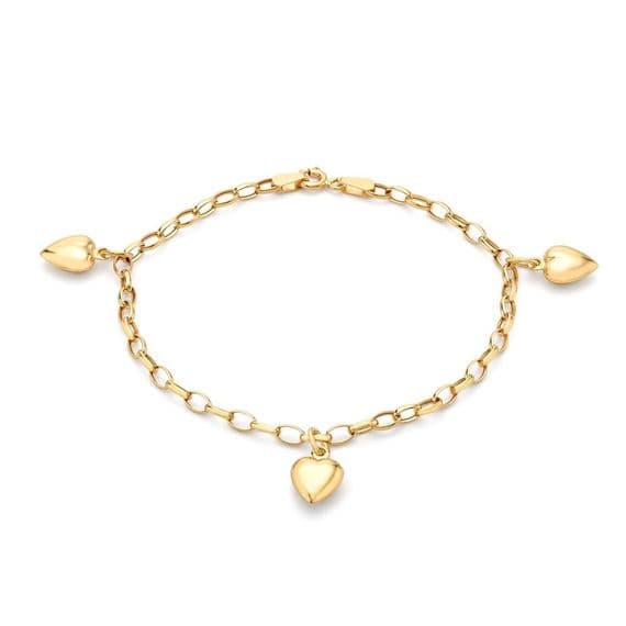 9ct Yellow Gold 3 Heart Charm Oval Belcher Bracelet Gold Chain 