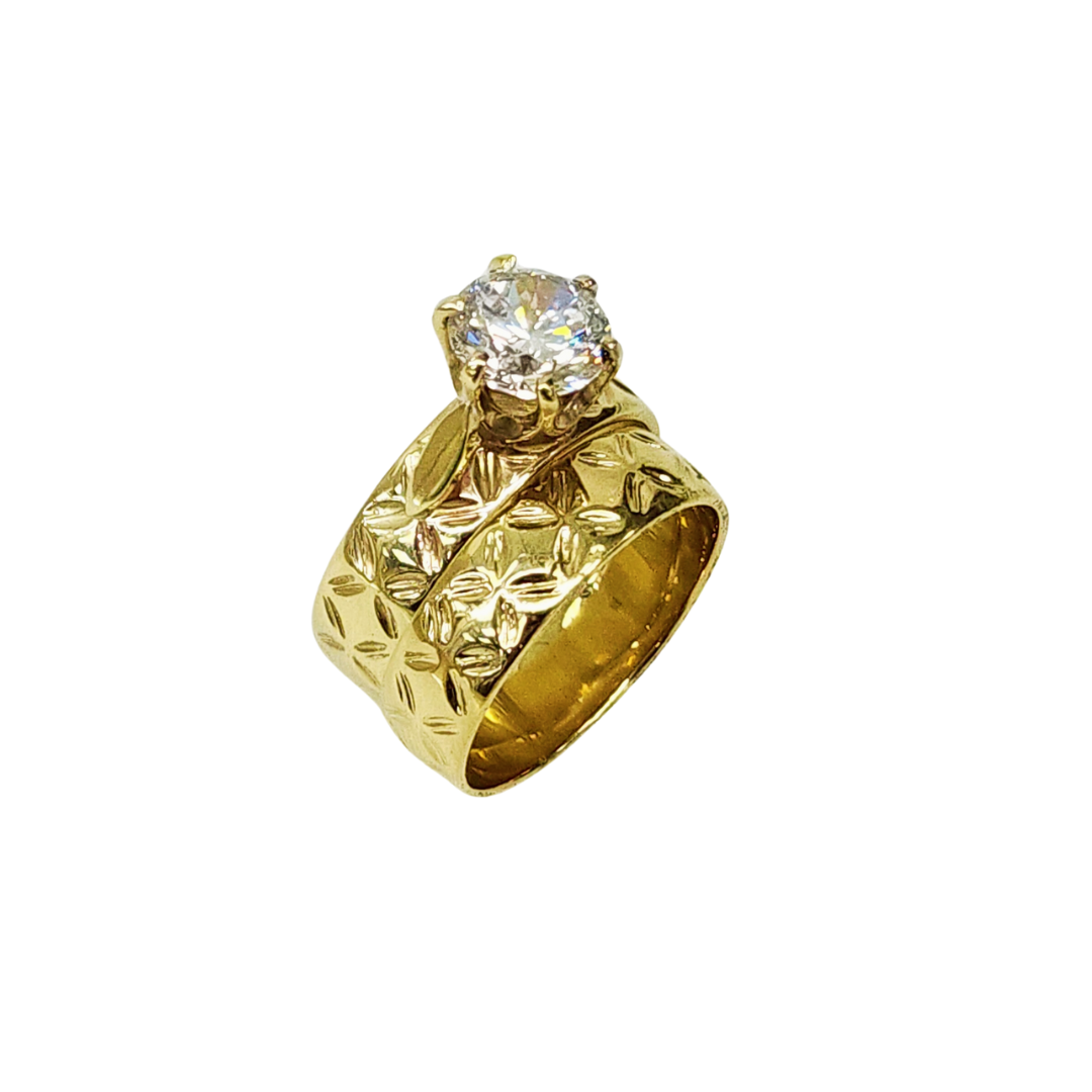 9ct Yellow Gold 2 Piece Wedding Set with Polynesian Design and Cubic Zirconia Setting Gold Rings 