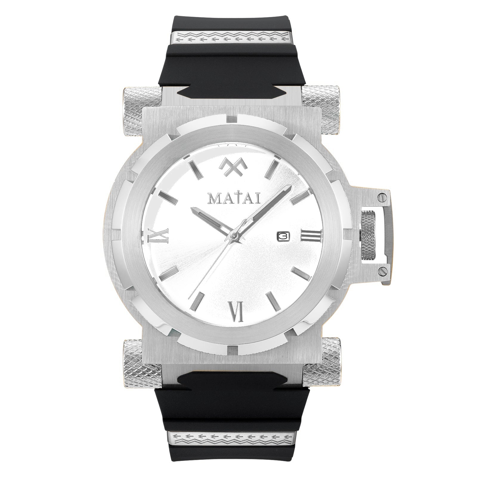 MATAI Genesis G4 Silver Case, White Dial, Black Silicone Strap WATCH 