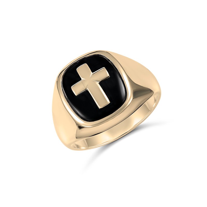 9ct Yellow Gold 14 x 12mm Cushion Black Onyx with Yellow Gold Cross Gold Rings, Men's Gold Rings 