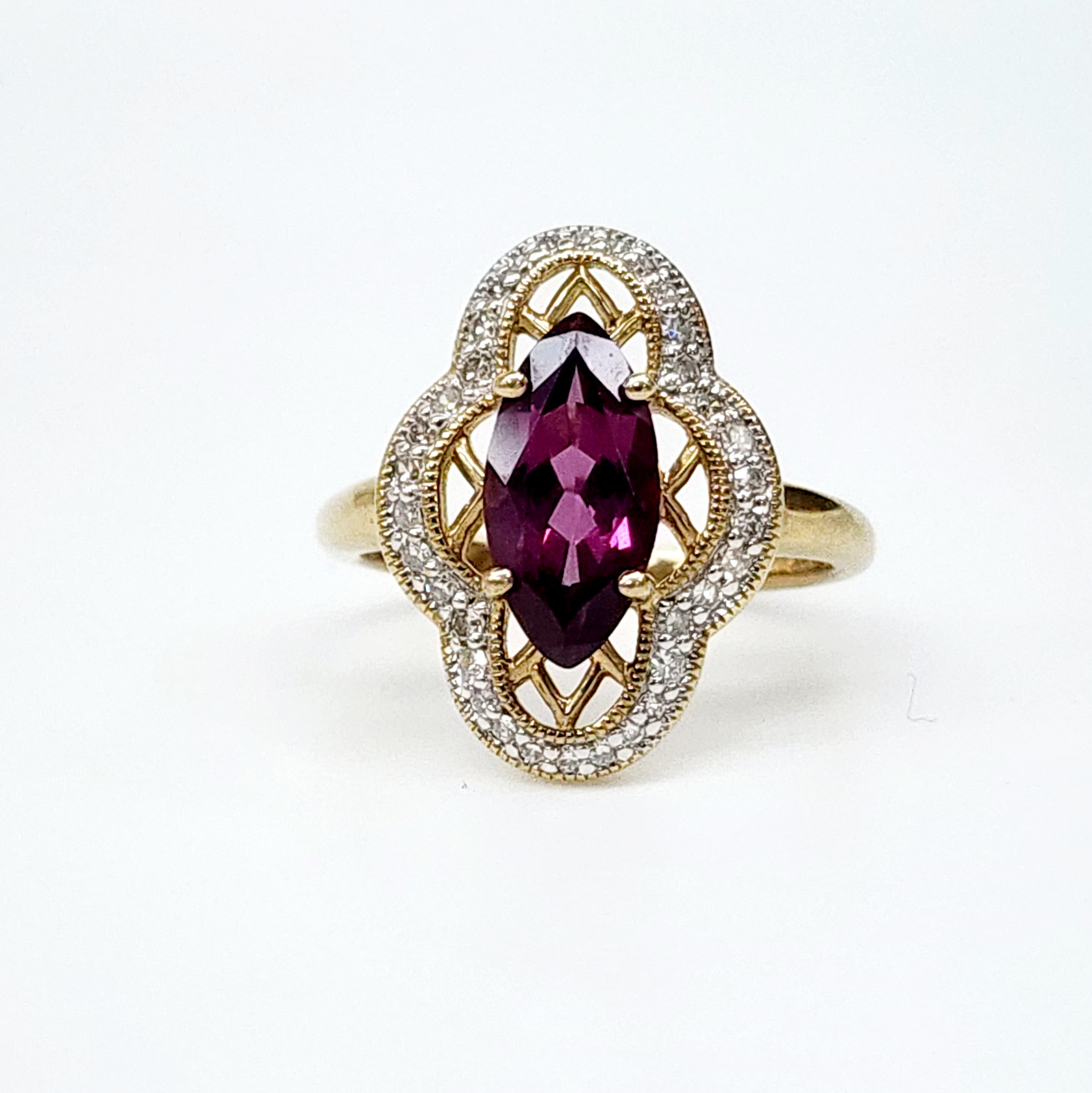 9ct Yellow Gold Dress Ring with 2.0ct Marquise Cut Purple Garnet & 0.21ct Diamonds Gold Bracelets 