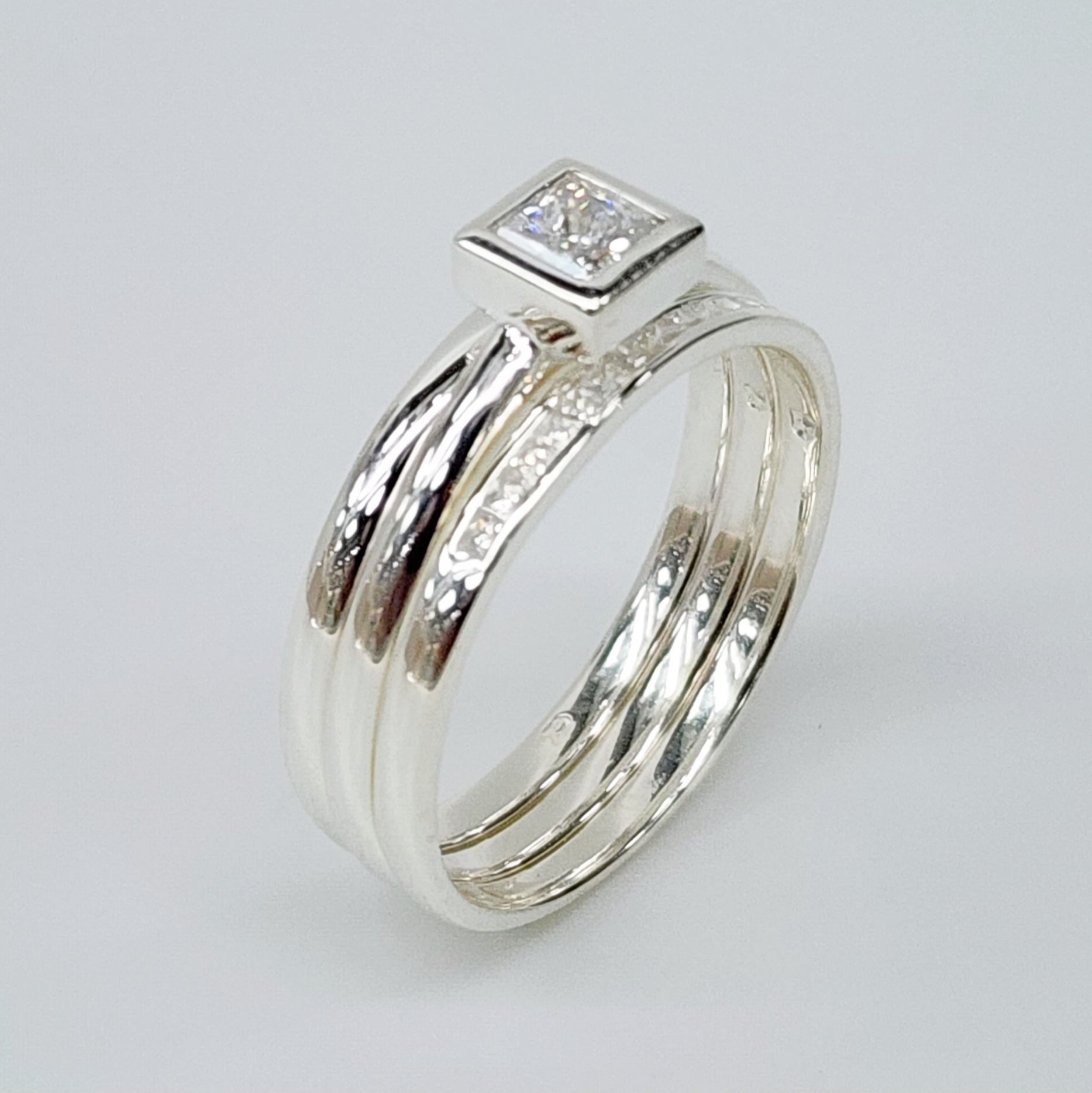 Sterling Silver 3 Piece Wedding Set with Cubic Zirconia Setting Sterling Silver Rings 