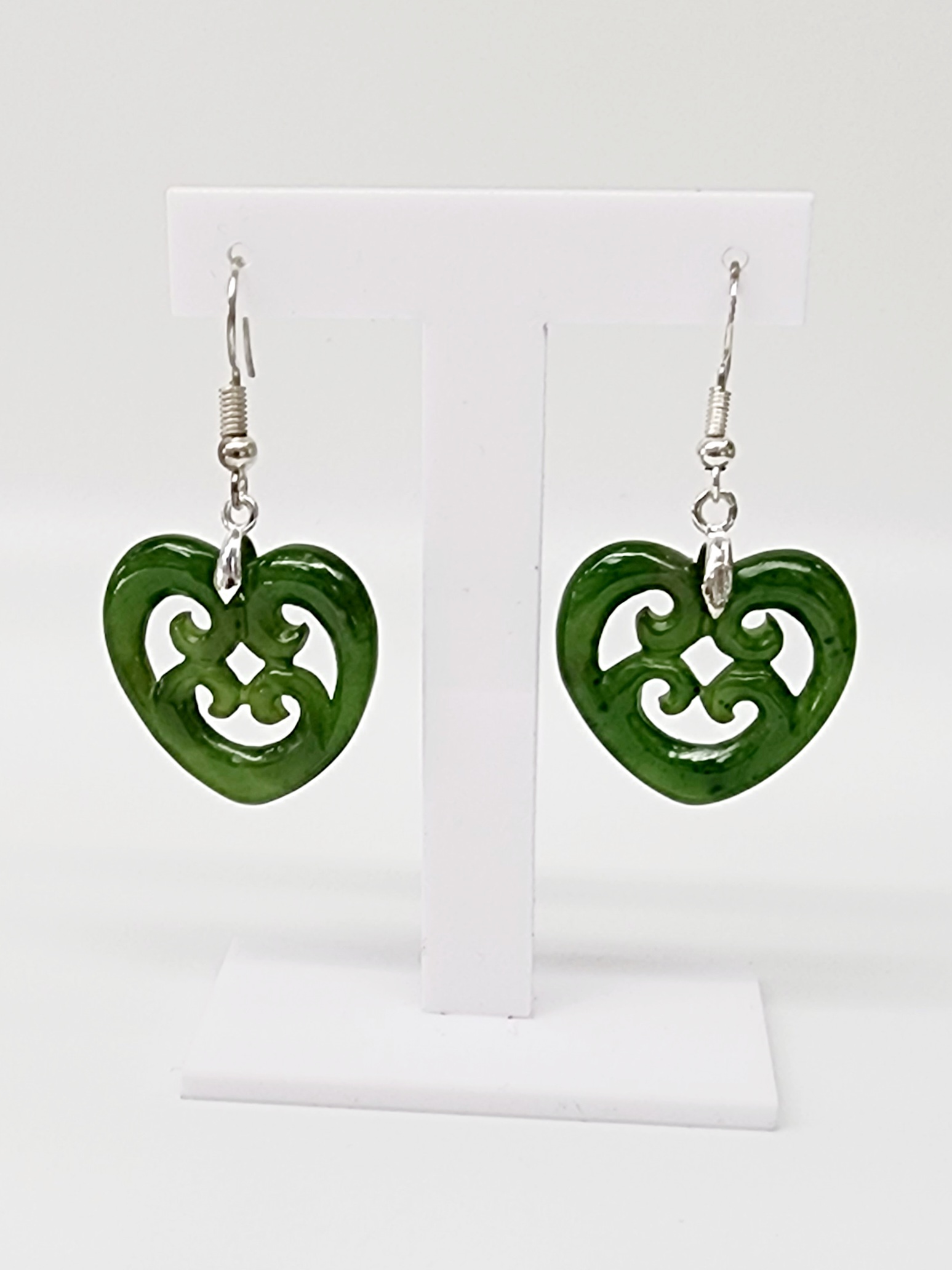 NZ Greenstone Heart with 4 Koru Earrings on Sterling Silver Hooks Greenstone?Jewellery 