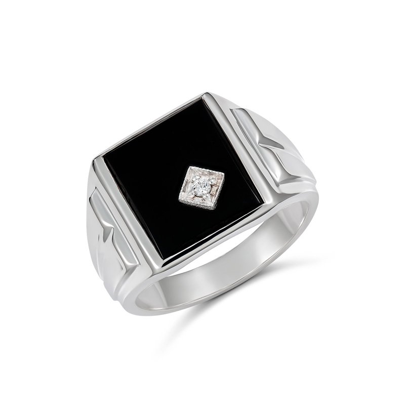 Sterling Silver 14 x 12mm Rectangle Black Onyx Gents Ring Set with Cubic Zirconia Gold Bracelets 