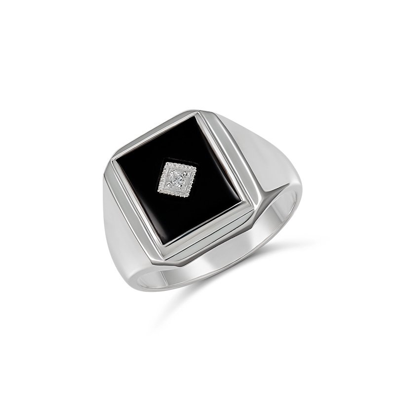 Sterling Silver 12 x 10mm Rectangle Black Onyx Gents Ring Centre Set with Cubic Zirconia Gold Bracelets 