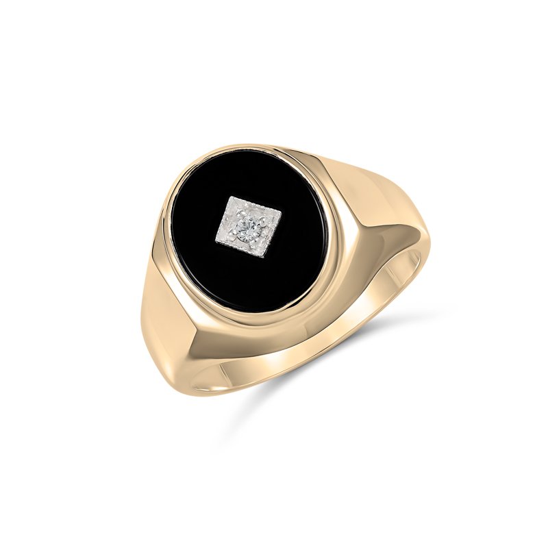 9ct Yellow Gold 14 x 12mm Oval Black Onyx and Diamond Gents Ring Gold Rings, Men's Gold Rings 