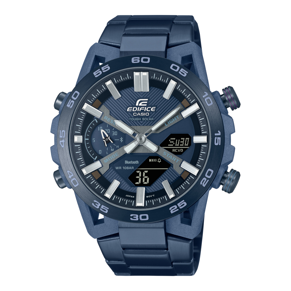 Edifice Duo Cool Blue Solar Powered, Bluetooth, 100M Blue Face, IP Plated Stainless Steel - ECB2000CB-2A CASIO 