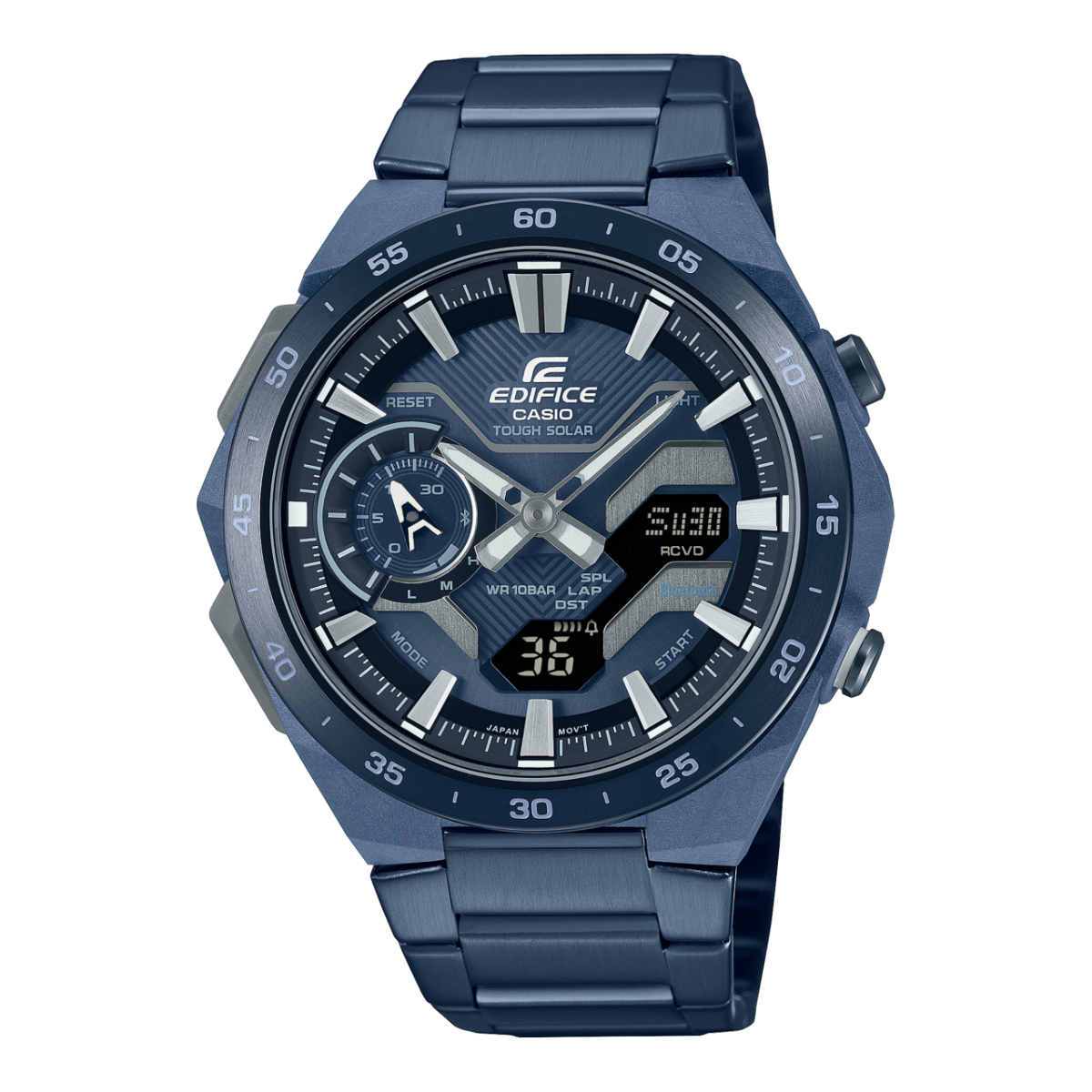 Edifice Duo Cool Blue Solar Powered, Bluetooth, 100M Blue Face, IP Plated Stainless Steel - ECB2200CB-2A CASIO 