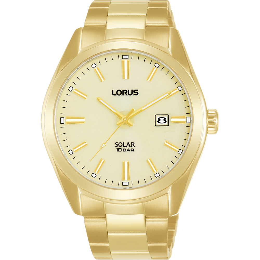 Lorus Gents Solar Powered Gold Case & Band, Gold Dial 100M WR Watch RX338AX-9  