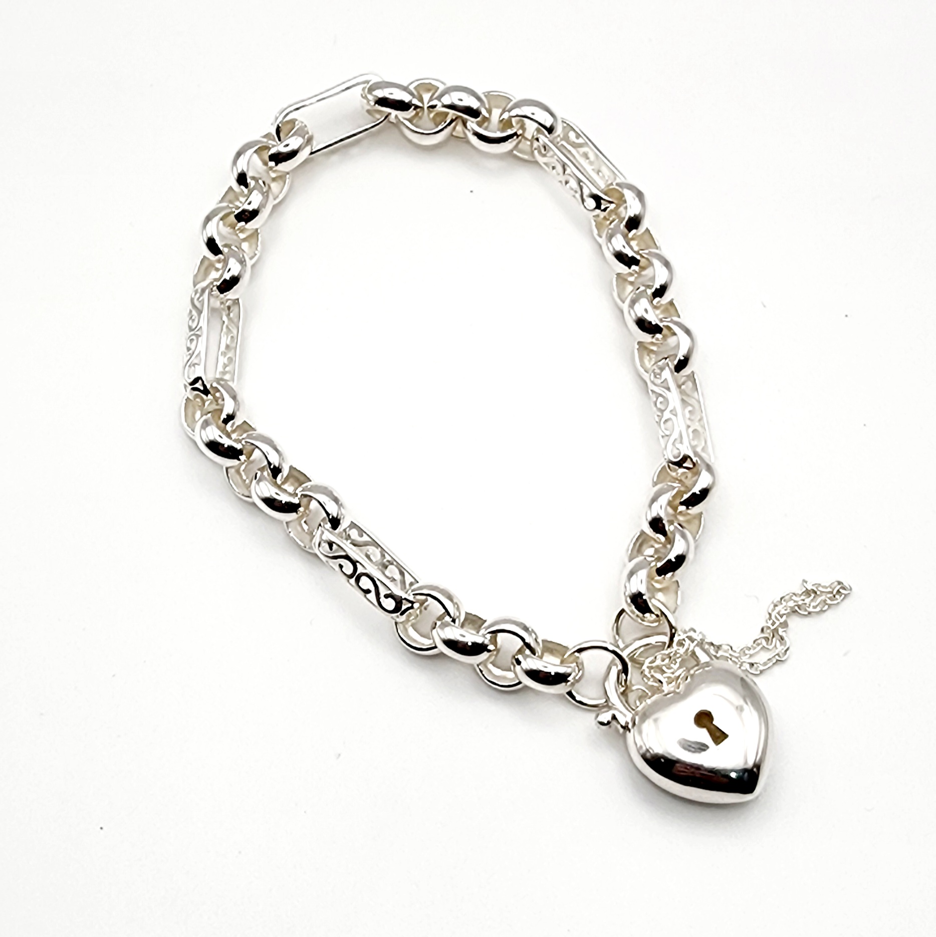 Sterling Silver 19cm Figaro Belcher Bracelet With Puff Heart Padlock Sterling Silver Bracelets 