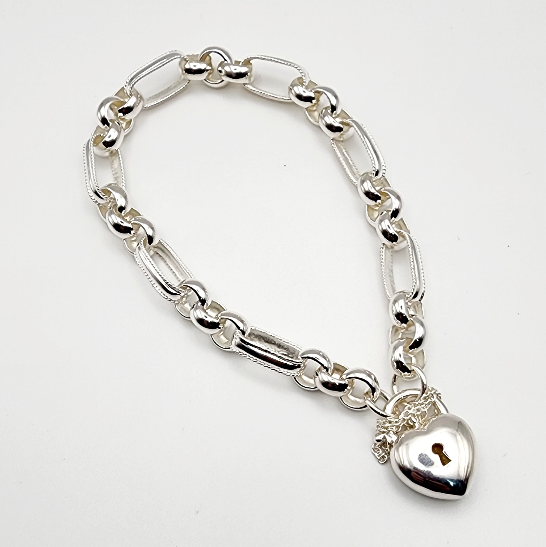 Sterling Silver 19cm Figaro Belcher Bracelet With Puff Heart Padlock Sterling Silver Bracelets 