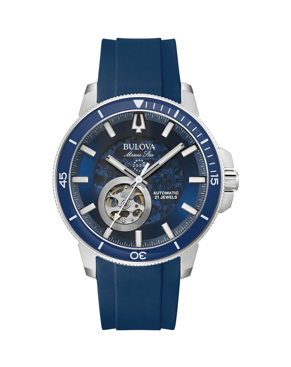 Bulova Gents Automatic 200M WR Blue Dial, Stainless Case, Blue Silicone Strap Watch - 96A303 bulova 