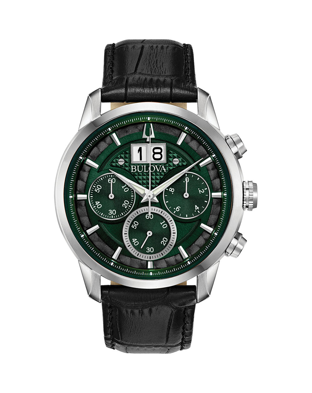 Bulova Gents Chronograph Green Dial Black Leather Strap Quartz Watch - 96B310 bulova 