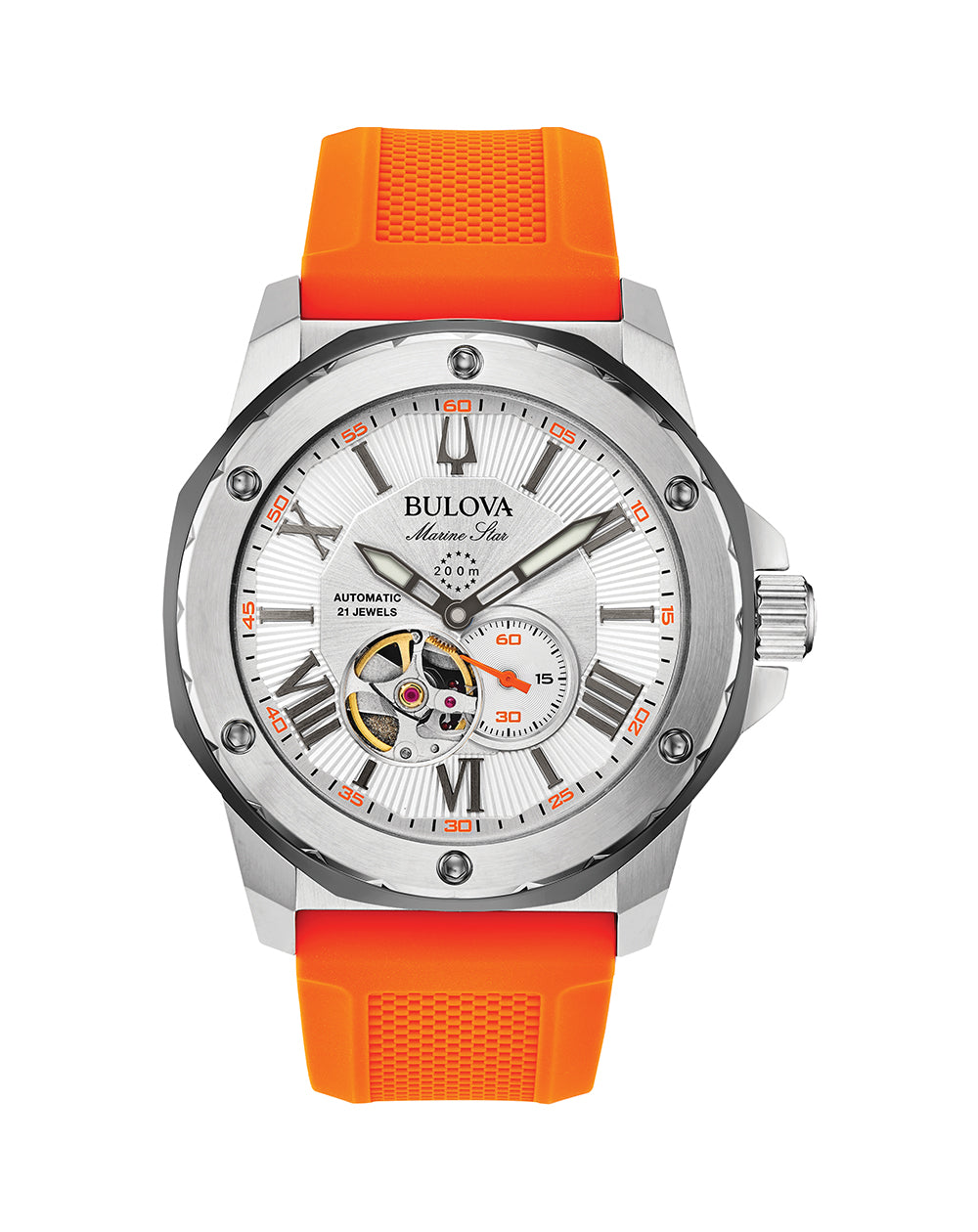 Bulova Gents Automatic 200M WR White Dial, Stainless Case, Orange Silicone Strap Watch - 98A226 bulova 