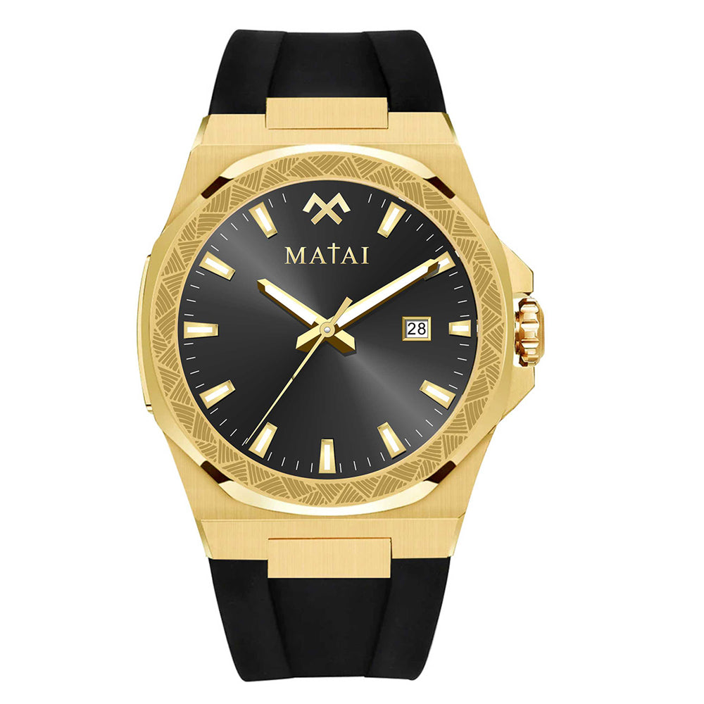 MATAI Genesis GS1 100M WR, Gold Case Black Dial Black Rubber Strap WATCH 