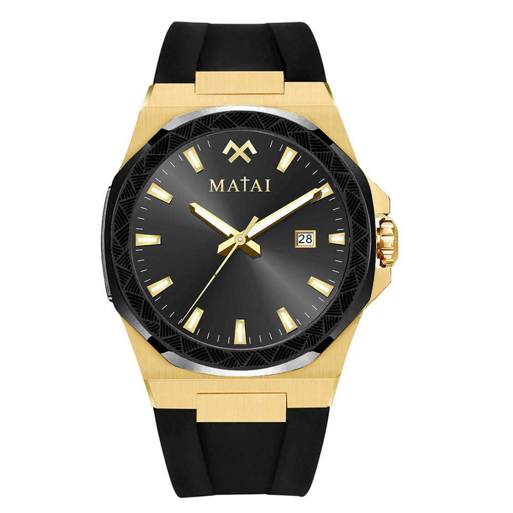 MATAI Genesis GS1 100M WR, Gold Case Black Dial  Black Bezel Black Rubber Strap WATCH 