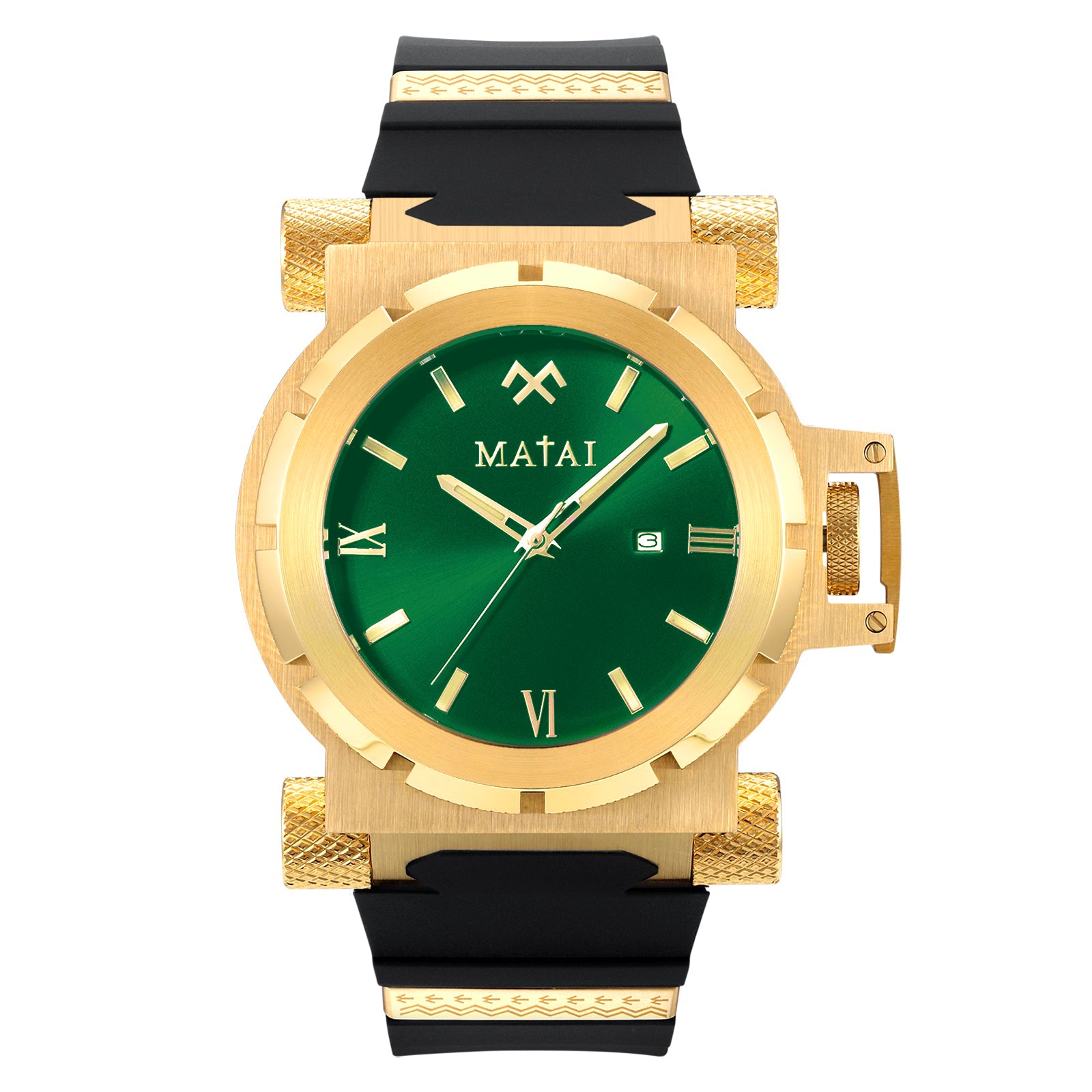 MATAI Genesis G4 Gold Case, Green Dial, Black Silicone Strap WATCH 