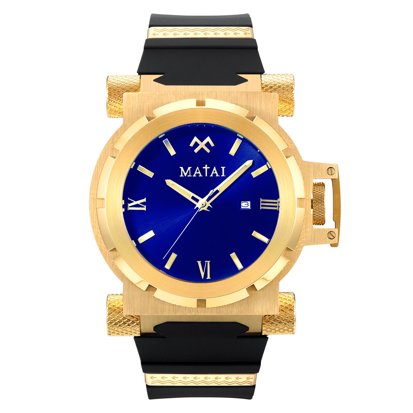 MATAI Genesis G4 Gold Case, Blue Dial, Black Silicone Strap WATCH 