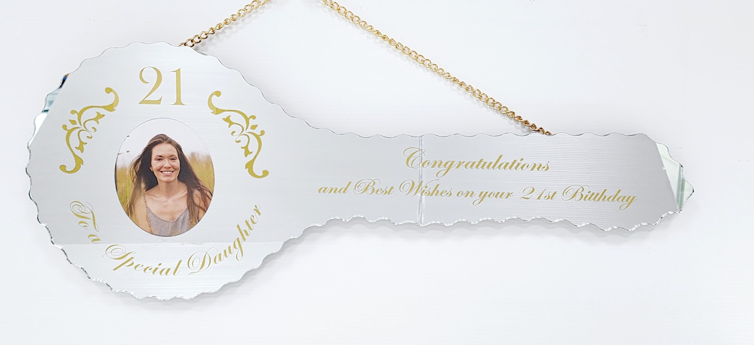 Golden Print Design Mirrored/Glass Photo 21st Birthday Key with "To a Special Daughter" - SJ2402 21ST MIRROR KEYS 