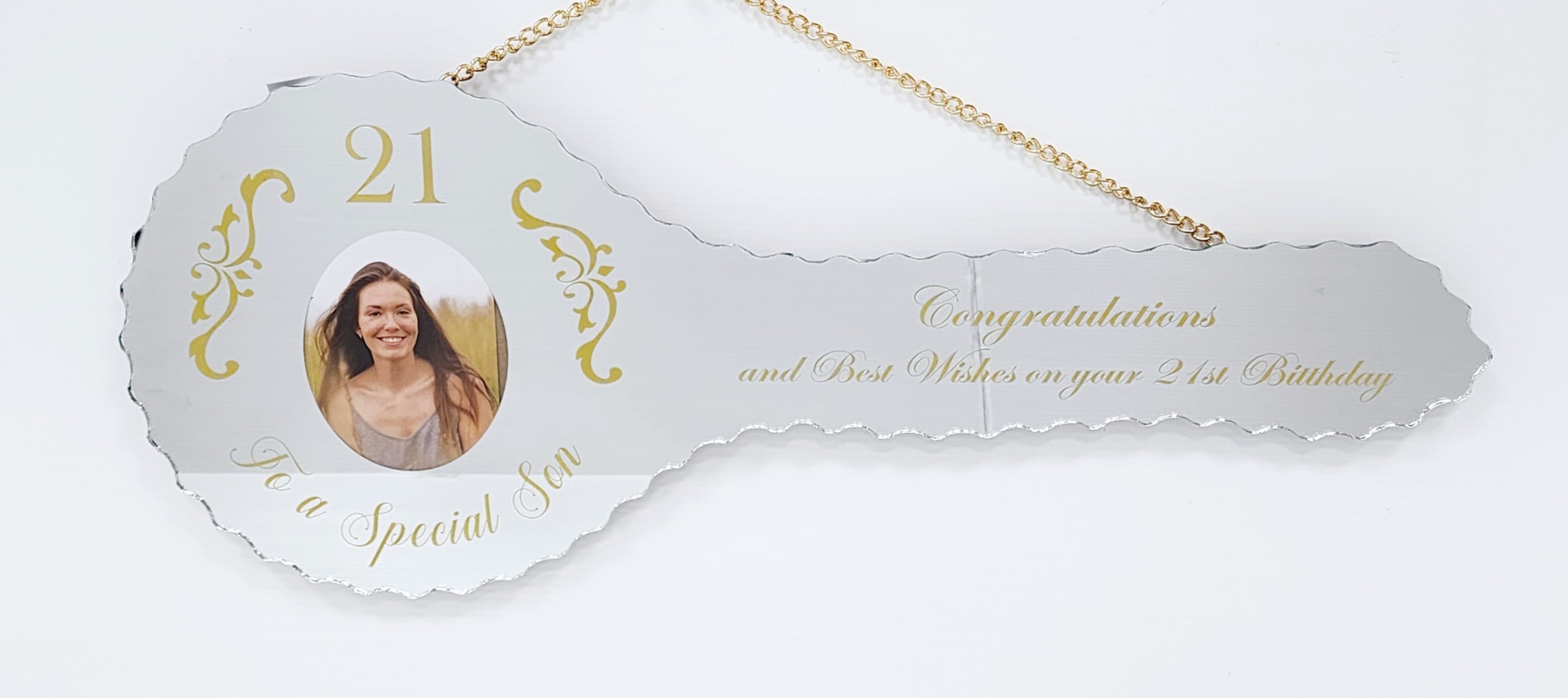 Golden Print Design Mirrored/Glass Photo 21st Birthday Key with "To a Special Son" - SJ2403 21ST MIRROR KEYS 