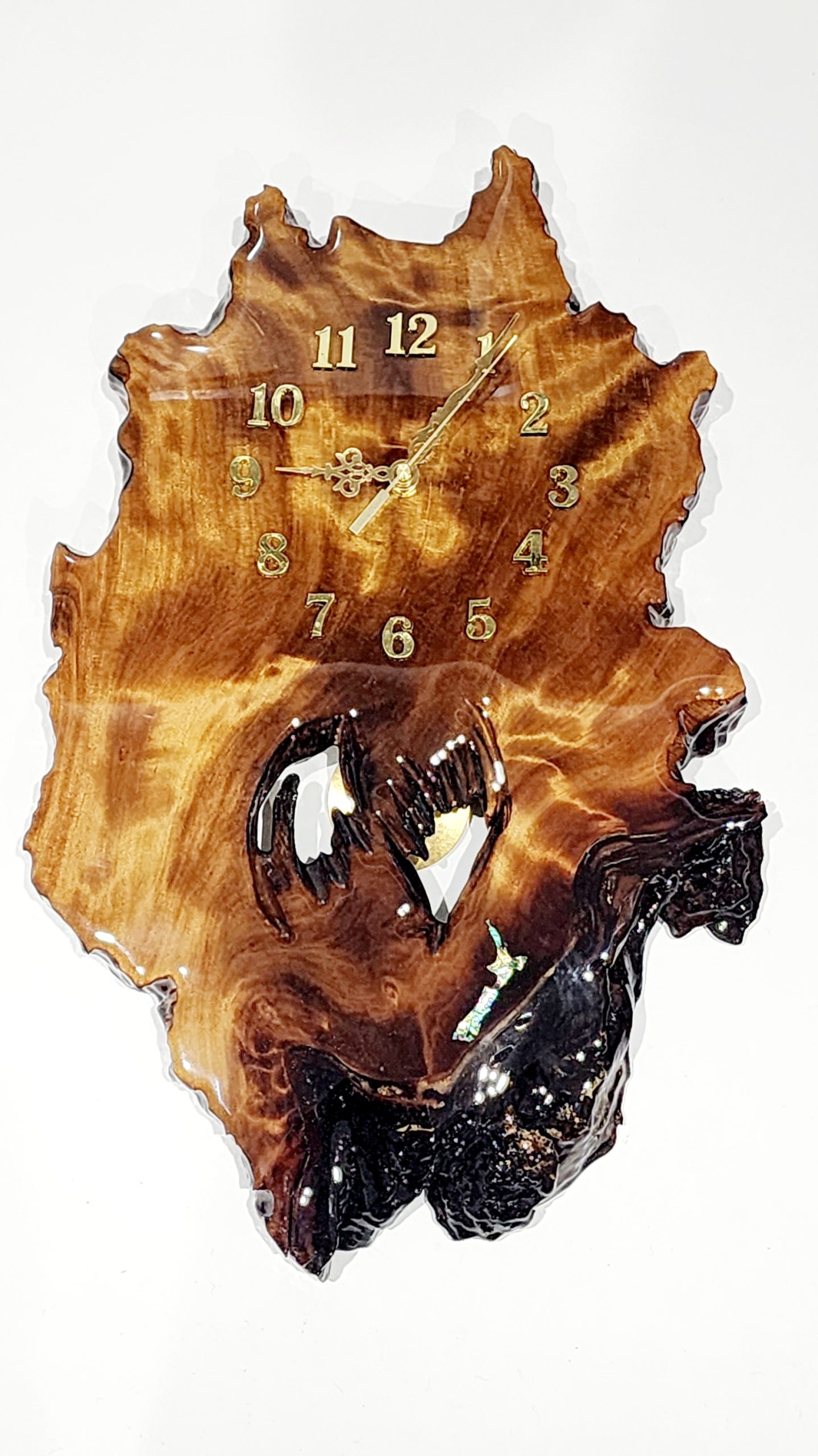 New Zealand Swamp Kauri Pendulum Wall Clock with NZ Map Paua Shell Inlay  - KC-LVZ 21ST MIRROR KEYS 