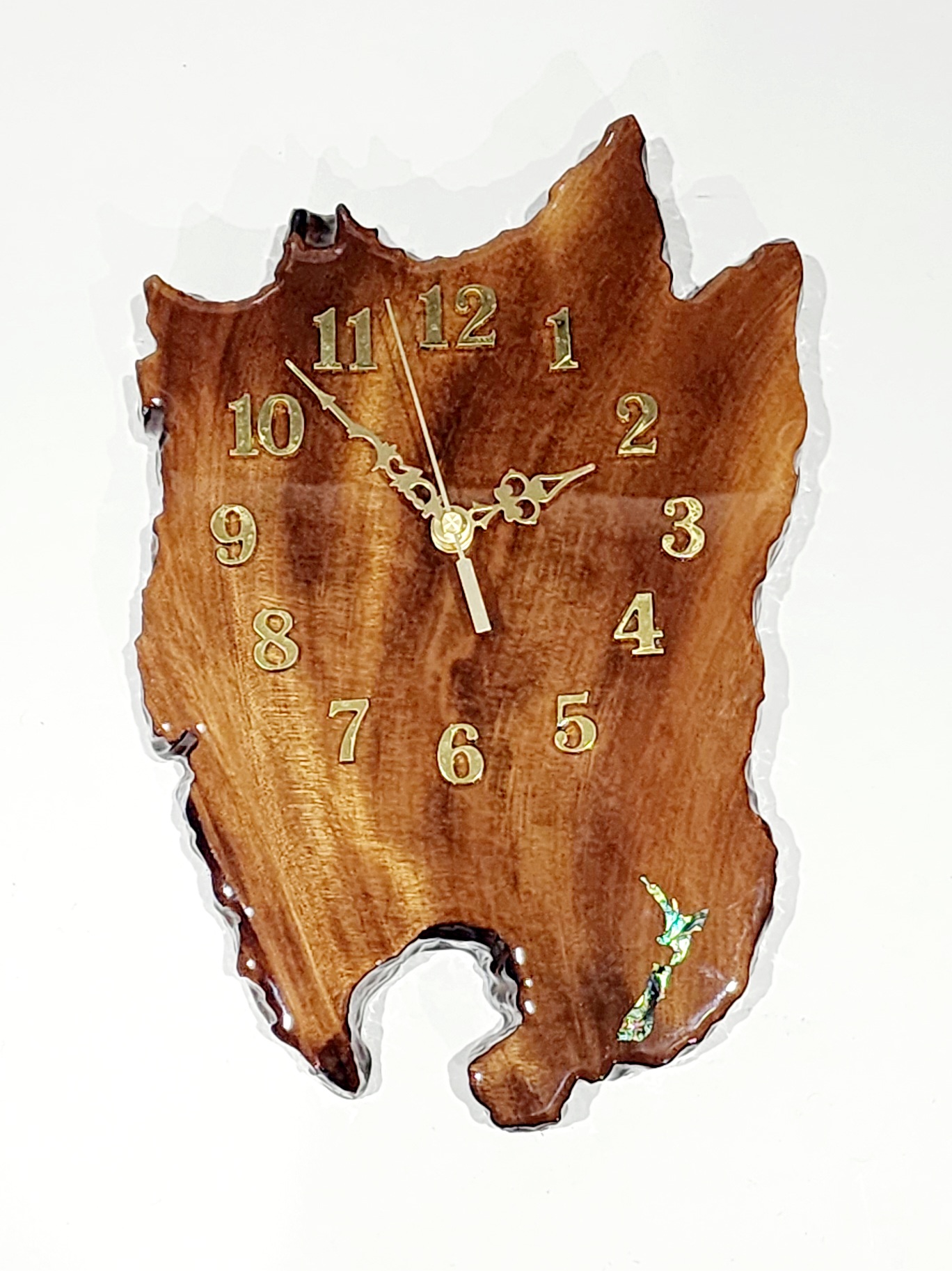 New Zealand Swamp Kauri Wall Clock with NZ Map Paua Shell Inlay  - KC-RBR 21ST MIRROR KEYS 