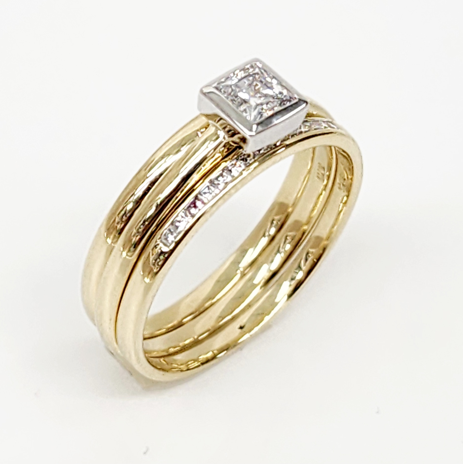 9ct Yellow Gold Bridal Set with Rubover Set CZ Engagement Ring, Wedding Band and Half Eternity Ring Gold Rings, Men's Gold Rings 