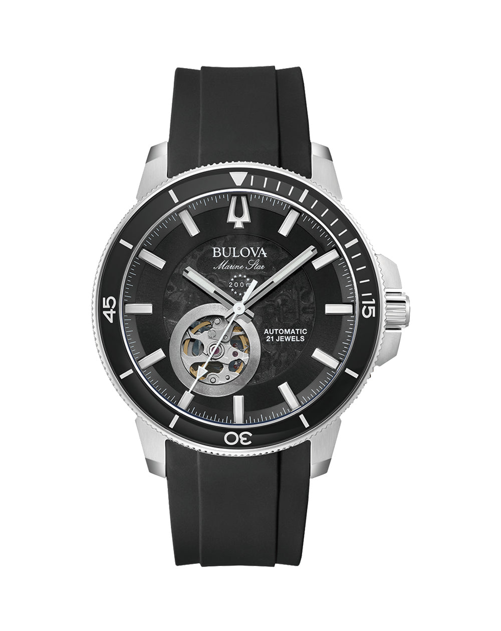 Bulova Marine Star Gents Automatic 200M WR Stainless Case, Black Dial & Rubber Strap Watch - 96A288 bulova 